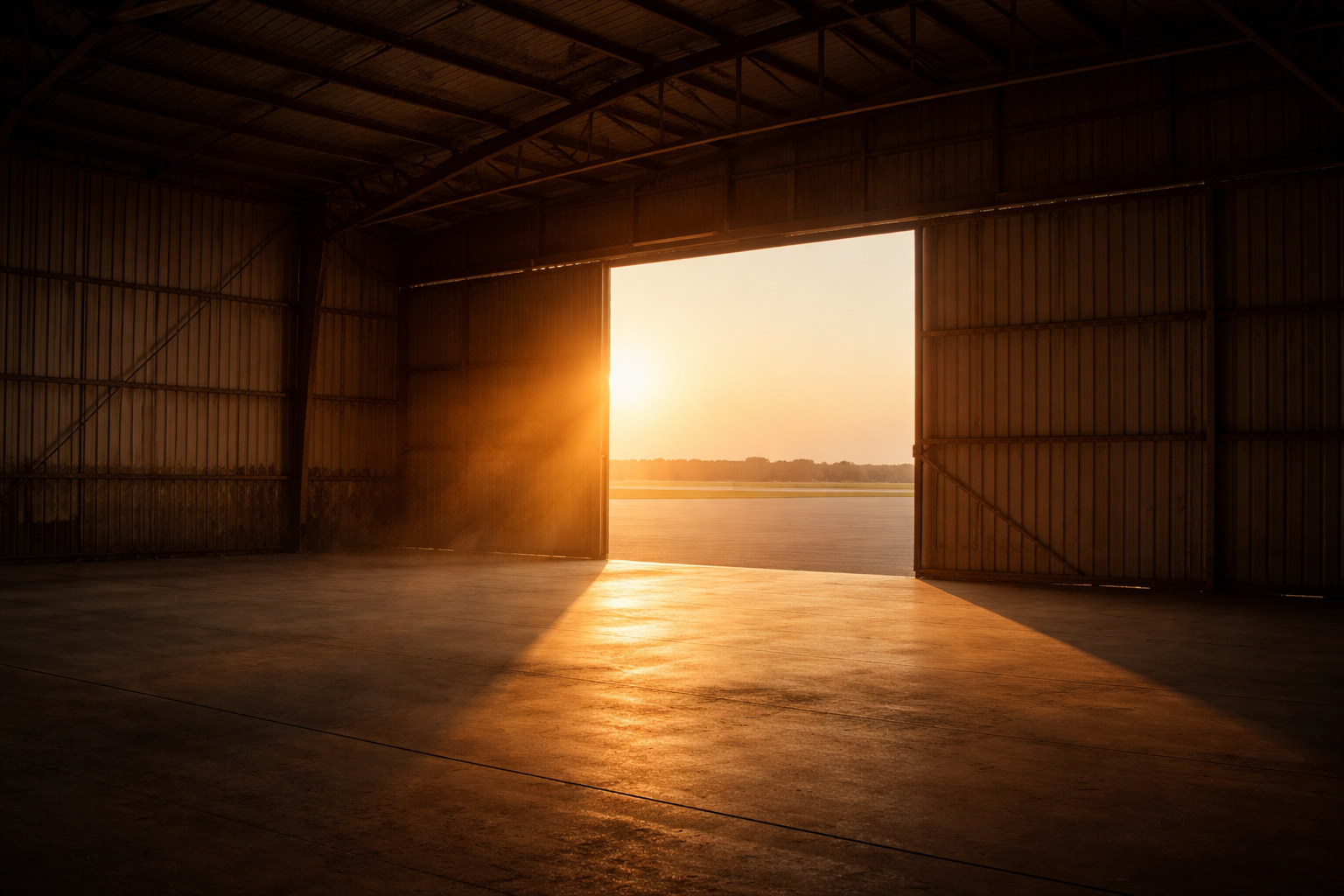 Hangar doors open onto a sunlit runway